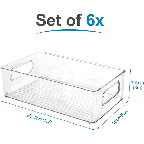 Koelkastorganizer, set van 6, doorzichtig, stapelbare opbergdoos met handvat, Tidy Fridge organizerset, koelkastboxset voor keuken, keukenkast, kasten, BPA-vrij, medium