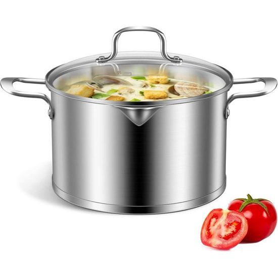 Pan 28 cm kookpan 9 liter van roestvrij staal 9 l kookpan groot met glazen deksel stoomgat binnenschaal schenktuit ongecoat ovenvast vaatwasmachinebestendig groente- soeppan inductie