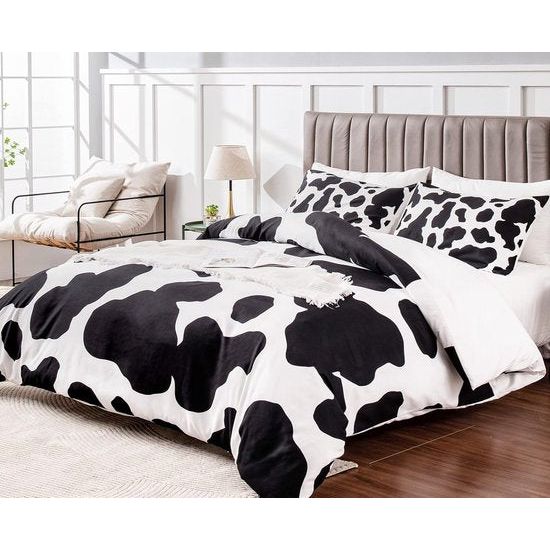 3-delig koeienbeddengoed, 135 x 200 cm met koeienvlekken, hoogwaardig 100% microvezel, dekbedovertrek met 2 kussenslopen van 80 x 80 cm, superzacht cow print, dekbedovertrek met ritssluiting