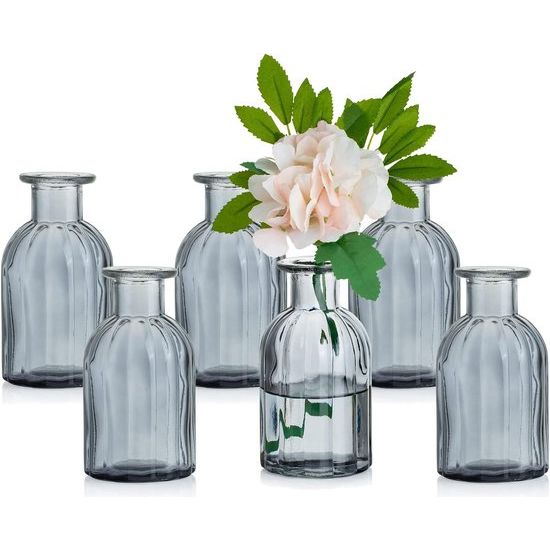 Kleine vazenset, glazen vaas, 6 stuks, mini-bloemenvaas, grijs, vintage, glas, rond, glazen vazen, flessenvaas, kleurrijk, klein geribbeld, tafelvaas, vazenset, glazen fles, decoratie voor