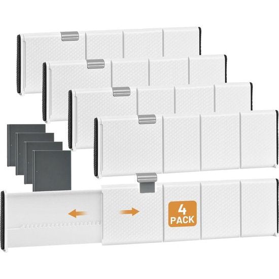 Schuifladenorganizer, set van 4 ladeverdelers, verstelbaar (28-44,5 cm, 10,5 cm hoog), antislip ladeverdeler, opbergsysteem voor keuken, slaapkamer, badkamer, commode, wit