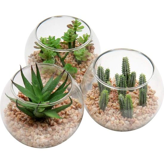 Kunstplant, vetplant, kamerplant, decoratieve woonkamer, badkamer, decoratieve vetplant, hoogte 8 cm, in glazen pot, set van 3