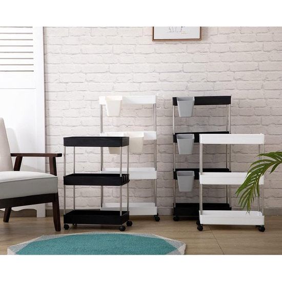 Opbergwagen, keukenwagen, 4-laags rollende wagen met wielen en 3 hangende kopjes, multifunctioneel opbergrek voor keuken, badkamer, slaapkamer, kantoor, zwart