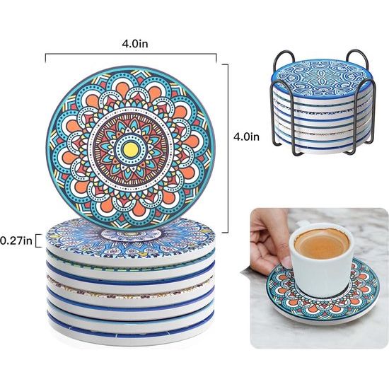 Onderzetters dranken-set van 8 absorberende kurken keramische glazen onderzetters, met metalen houder 10 cm mandala-patroon voor kopjes, vazen, kaarsen, housewarmingscadeau voor verjaardag, keuken en woonkamer