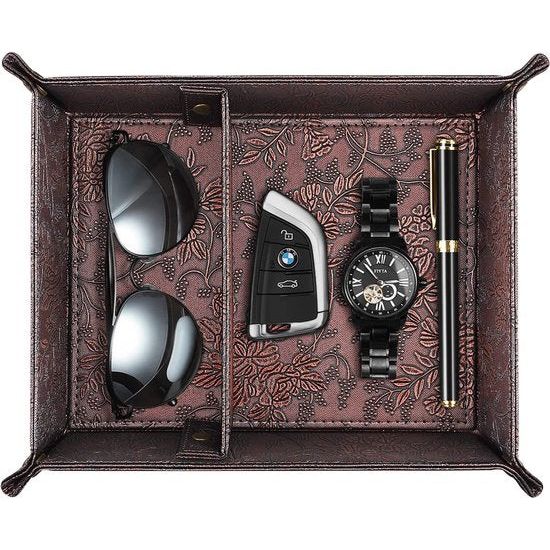 Leeg zakje, dienblad, organizer, opbergdoos, afneembaar, 2 vakken, kunstleer, opbergschaal voor mobiele telefoon, sieraden, sleutels, kleingeld, portemonnee en kantooruitrusting, (vintage bruin)