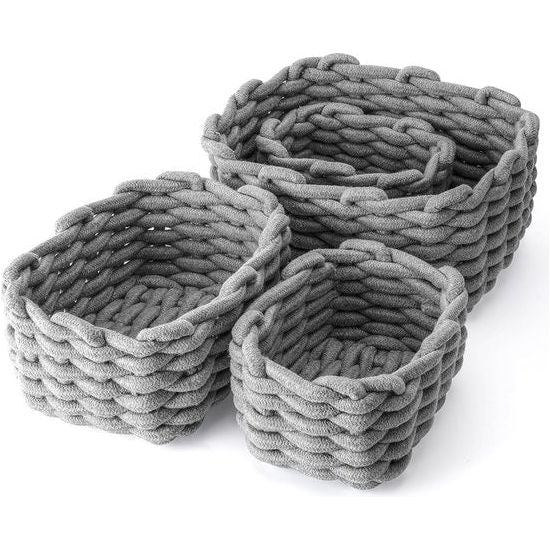 Set of 4 Storage Baskets Braided Cotton Rope - Basket Storage Braided - Stackable Storage Basket for Children's Room Living Room Bathroom, Grey