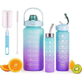 Drinkfles, 3 stuks, 2 l, 900 ml + 500 ml, met rietje, motivatie, tijdmarkering, lekvrij voor sport, outdoor, kantoor, fitness, camping, yoga, BPA-vrij, blauw/paars kleurverloop