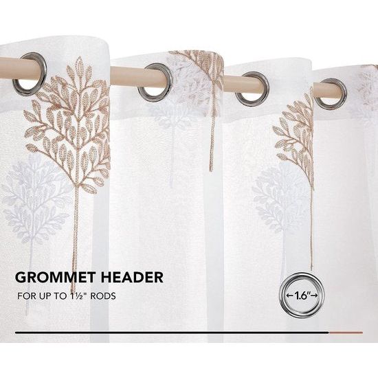 Voile gordijn linnenlook gordijn met ogen transparant gordijn met borduurwerk blad, 175 x 140 cm (hoogte x breedte), linnen + wit, set van 2