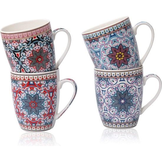 Premium koffiemokken set van 4 Oosterse design - grote Marokkaanse keramische koffiebeker ca. 300 ml - Afrikaanse boho theekopjes - koffiekopjes set - cadeau vrouwen (design 6 sterren)