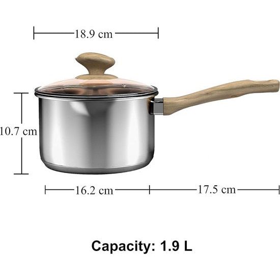 Roestvrijstalen steelpan, inductie, kleine kookpan met deksel 18 cm, 2 liter steelpan met schenktuit