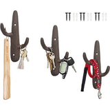 Set van 3 - Gietijzeren Cactus Dubbele Muurhaken/beugels - Decoratieve muurhaken voor jassen, tassen, handdoeken en meer - met schroeven en ankers - Kleur Rustiek Bruin