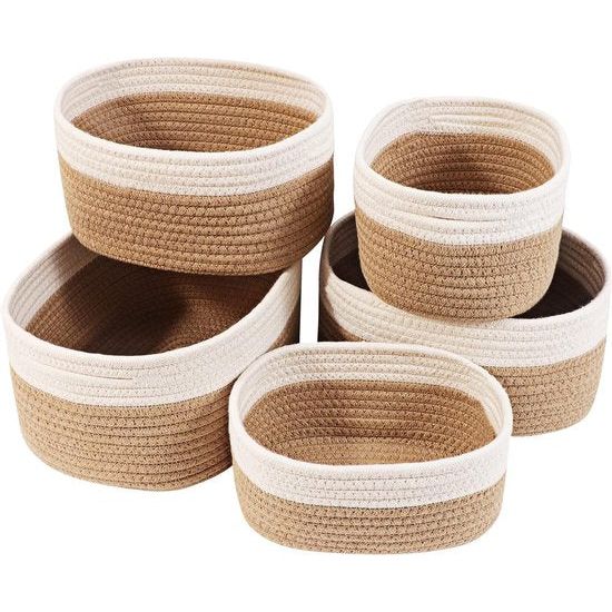 Katoenen opbergmand, 5-delige set, gevlochten manden, opbergmanden, opbergmanden, gevlochten mand voor badkamer, kinderkamer, wit en jute