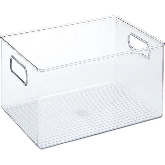 Opbergdoos met handvat, extra grote kunststof bak voor in de kast of koelkast, voedselbak zonder deksel, transparant