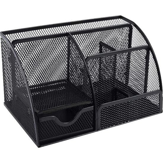 Bureau-organizer, gaas metalen kantoorplank met pennenhouders en lade, 6 sorteervakken voor pennen, pennenhouder, multifunctionele organisator (zwart)