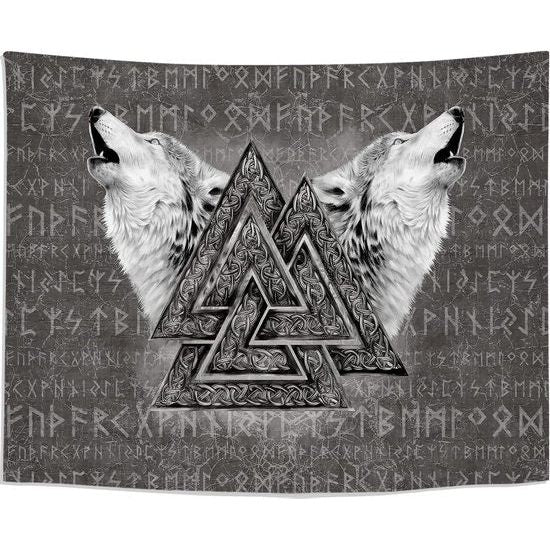 Viking Wandtapijt, Valknut, wandkunst, wandtapijt, wolf, totem rune, wandtapijt, Nordic Viking, runes, wanddoek, zwart, wit, esthetiek, decoratie, gepersonaliseerd, groot, 200 x 150 cm