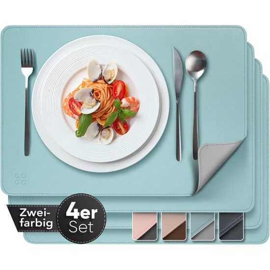 Elegante placemats van PU - leeg - 4-delige set tweekleurig petrol/lichtgrijs - placemat afwasbaar 43 x 30 cm lederlook - afwasbaar placemats kunstmatig leeg - tafelkleden