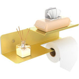 Large Toilet Paper Holder with Double Shelf, Toilet Paper Holder with Wet Wipes Storage, 30 x 10 cm Toilet Paper Holder, for Drilling and Self-Adhesive, for Bathroom and Kitchen, Gold