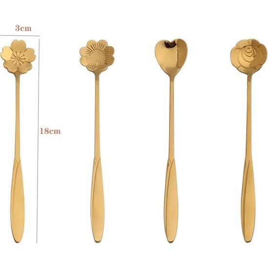 Bloemenlepelset, 8 stuks, roestvrij staal, lepel, goud, theelepel, koffielepels, roos, dessertlepels voor servies, keuken, koffie of bar (lengte 18 cm)