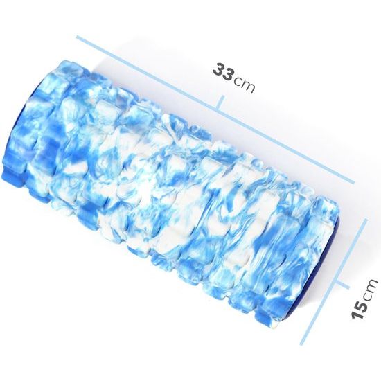 Foamroller - te gebruiken voor zelfmassage en spier- en bindweefseltraining - 33 x 14,5 cm - (Blauw-Wit)