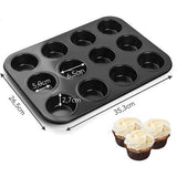 Muffinplaat van koolstofstaal voor 12 muffins, anti-aanbaklaag, muffinvorm, cupcake, bakplaat, muffin vorm, brownies, bakvorm, muffinbakplaat, zwart