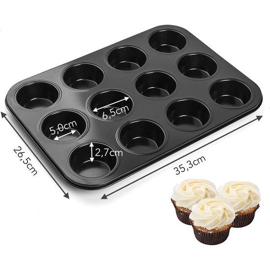 Muffinplaat van koolstofstaal voor 12 muffins, anti-aanbaklaag, muffinvorm, cupcake, bakplaat, muffin vorm, brownies, bakvorm, muffinbakplaat, zwart