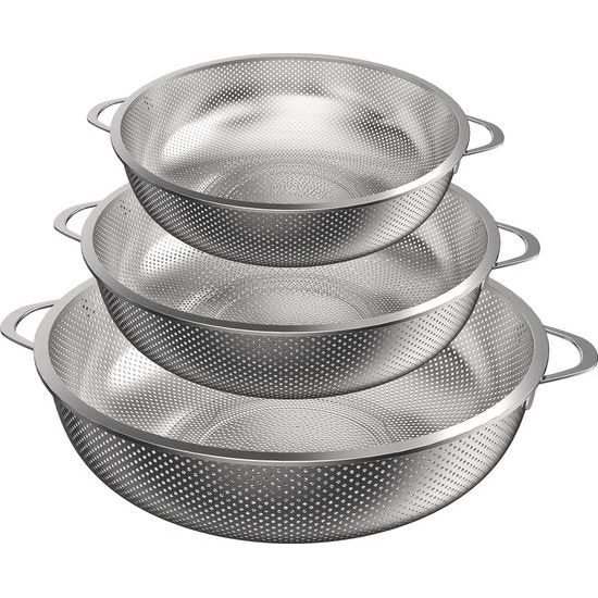 Kitchen Strainer, Set of 3, Stainless Steel, Micro-Perforated Kitchen Strainer, Pasta Strainer with Handle, Colander for Pasta, Fruit, Rice, Vegetables, Healthier and Highly Polished,