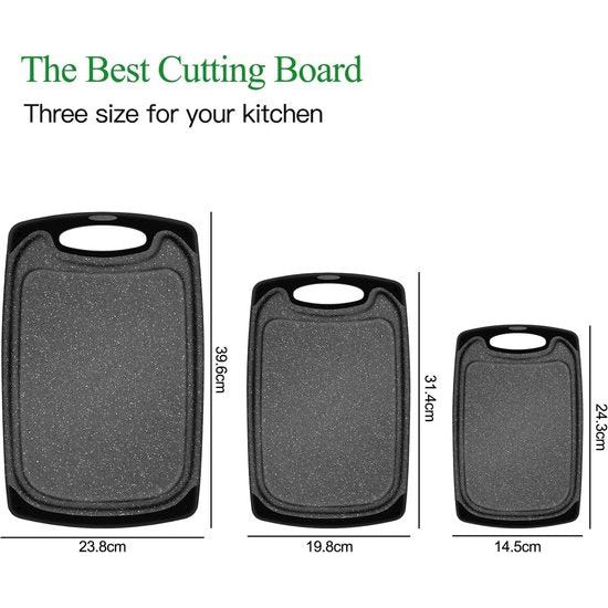 Kitchen Cutting Board Set, Plastic Chopping Board Set of 3 with Non-Slip Feet and Deep Drop Juice Groove, Easy Grip Handle, BPA-Free, Dishwasher Safe Chopping Boards (Black)