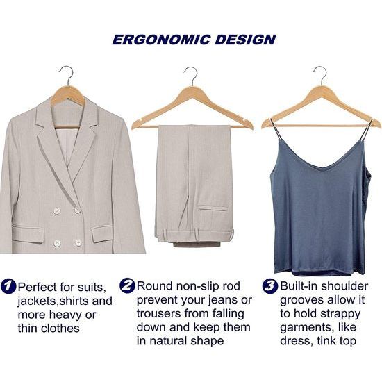 Pak van 20 44,5 cm natuurlijke houten kleerhangers met staaf en groef, robuuste hanger voor T-shirt overhemd pak jas jurk bruiloft top met bandjes