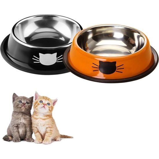 Cat Bowls Cat Bowl Set, 2-delige antislip kattenbakken van roestvrij staal, voerbak, kattenwaterbak, kattenbak verhoogt kommen en drinkbakken voor huisdieren (zwart + oranje)