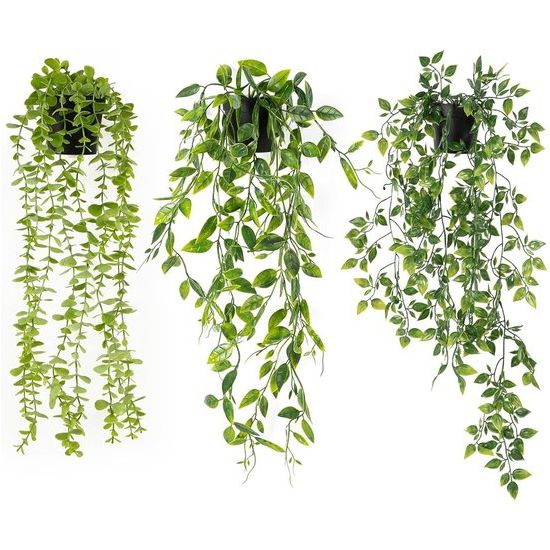 Kunstplanten hangend, 3 stuks kunstmatige hangplanten, bossige herfstplanten, klimop kunstplanten, eucalyptus decoratie, mandala wijnstok voor binnenbalkon en buitentuindecoratie, 55-80 cm