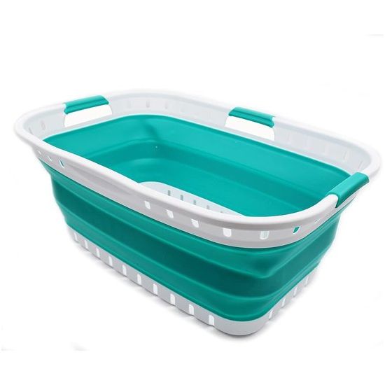 Opvouwbare kunststof wasmand van 44 liter, opvouwbare pop-up-opbergdoos, draagbare wasbak, ruimtebesparende mand (1, wit/blauwgroen, afmetingen: 64,5 x 44 x 26 cm