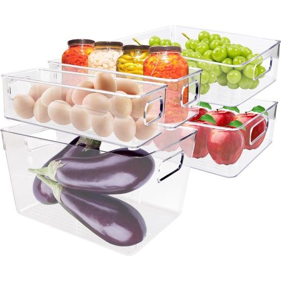 Koelkast organizer, 5-delige set, keukenorganizer met handvat, transparante stapelbare koelkastorganizer, hoogwaardige opbergdozen voor keuken, koelkast, doos, snacks