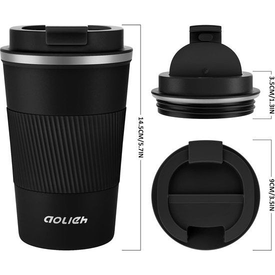 Thermobeker, koffiebeker met lekvrij deksel, thermobeker, isolatiebeker, roestvrij staal, reismok, koffiemok om mee te nemen, voor warm en koud water, koffie en thee, 380 ml, zwart