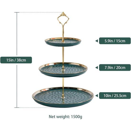 Cupcake-standaard, keramiek, taartstandaard met 3-laags ingelegde gouden dieren, tafels, fruitborden voor salontafel, decoratie, cupcake en borden, dessert, standaard (groen)