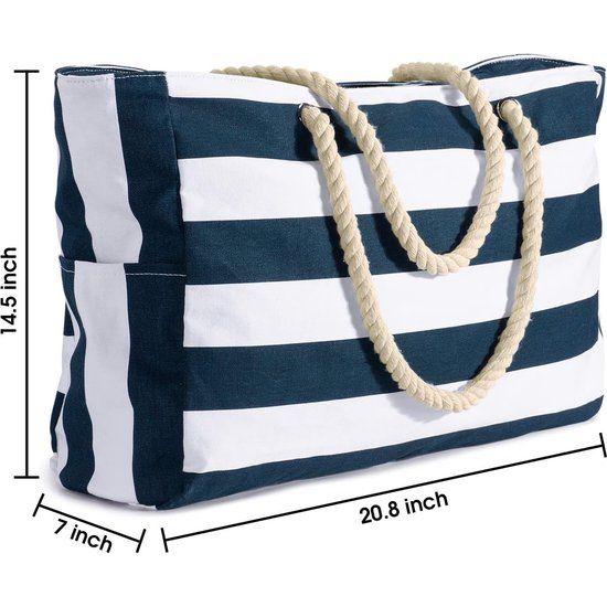Strandtas, strepen, tote bag, badtas, waterdicht, strandtas, groot, met ritssluiting, shoppertas, strandtas, XXL, familie, boodschappentas, schoudertas, effen tas, reistas, donkerblauw,
