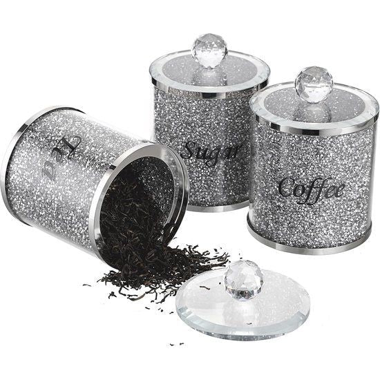 Set van 3 verpletterde diamanten potten met deksels voor suiker koffie thee - glazen containers voor keuken glas modern decor toonbankdecoratie