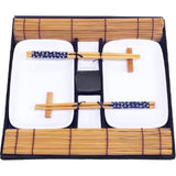 Sushi-set, 10 stuks, 2 x sushi-borden, 2 x dip-kommen, 2 x bamboe sushi-rolmatten, 2 x bamboe stokjes resten, 2 stokjes - mooi gepresenteerd in een geschenkdoos
