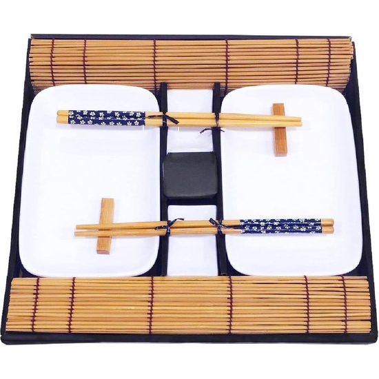 Sushi-set, 10 stuks, 2 x sushi-borden, 2 x dip-kommen, 2 x bamboe sushi-rolmatten, 2 x bamboe stokjes resten, 2 stokjes - mooi gepresenteerd in een geschenkdoos