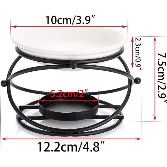 Metalen etherische oliebrander Waxmeltbrander met keramische kom Decoratieve theelichtkaarshouder Geurverspreider Ronde vorm (zwart)