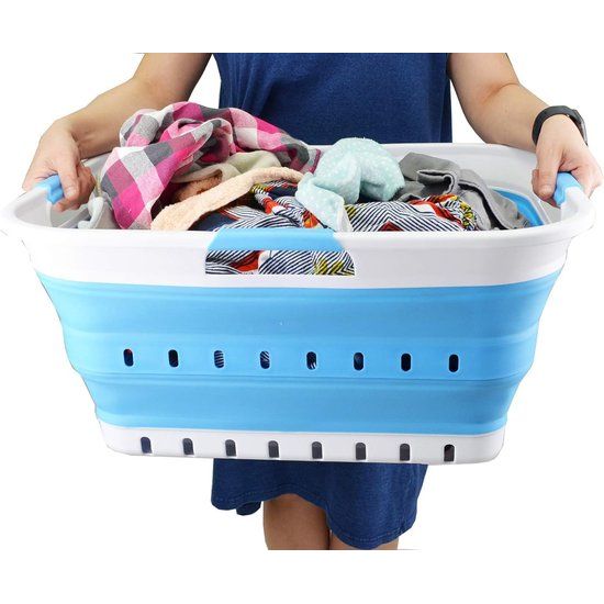 42L opvouwbare plastic wasmand - opvouwbare pop-up opslagcontainer/organizer - draagbare waskuip - ruimtebesparende mand/mand (wit/marineblauw, 1)