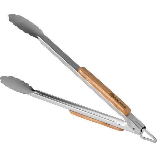 lange roestvrijstalen barbecuetang (45 cm), acaciahouten handvat, barbecueaccessoires, ophangogen, gratis recept (PDF).