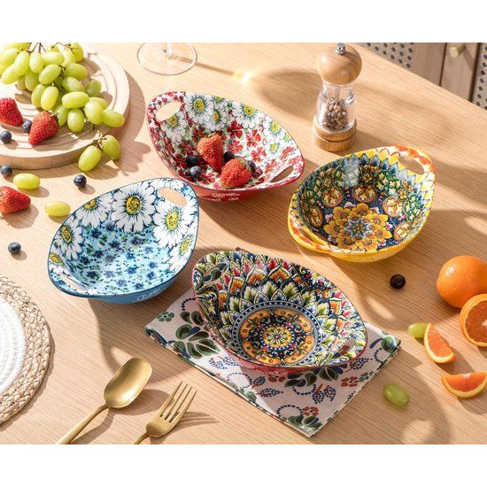 Mueslikommen Bohemian stijl, kommen set voor salade | soep | pasta - 4-delige kleurrijke serveerschalen set, keramische muesli-kom slakom 560 ml