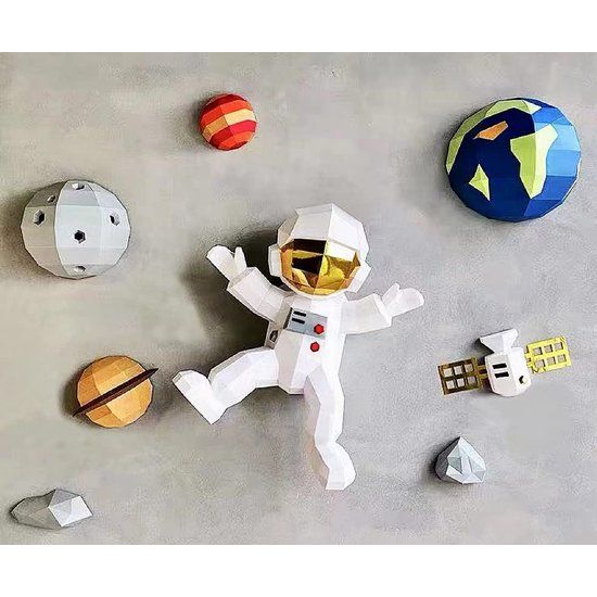 astronaut en zonnestelsel, doe-het-zelf papieren knutselsjablonen, wanddecor-kunstwerk, papieren ornament, papiersculptuur, geometrisch papiercraft-origami, geen afgewerkt model