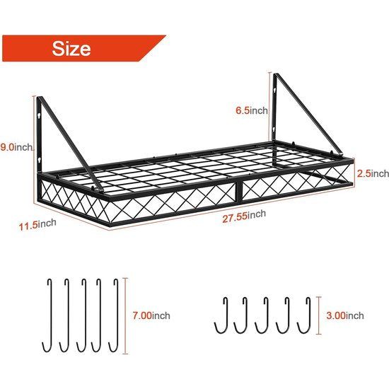 Keukenrek, pannenhouder, ijzeren keukenrek, hangend pannenrek met 10 haken, keukenwandrek, pannenrek voor potten en pannen, 70 x 28 x 23 cm, zwart