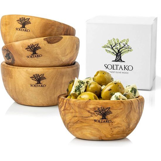 SOLTAKO Set van 4 hoogwaardige dip schaaltjes van exclusief olijfhout – tapas schalenset – kleine mediterrane schaal voor olijven & BBQ sauzen – dip kom voor – snackschalen – Ø 10 cm