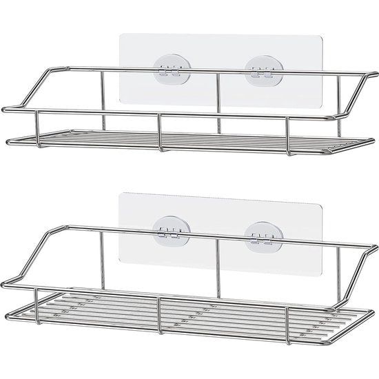 2-pack doucheplank zonder boren, roestvrij badkamerrek met zelfklevende muurbevestiging, sterke doucheplank zonder boren, keukenplanken, roestvrijstalen organizer en opbergruimte (9,9 inch)