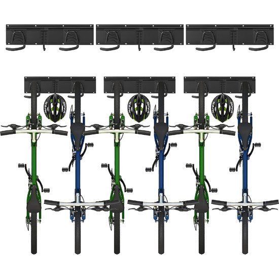 Wandgemonteerd fietsenrek - 6 fietsen + 3 helmen, race- of mountainbikerek - Verticaal wandgemonteerd fietsenrek (binnenbreedte: 90 mm)