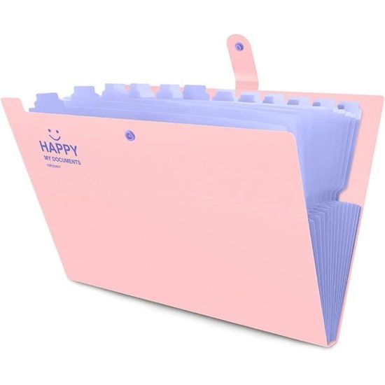 Documentenmap, A4-map, vakken map, hoge capaciteit, uitbreidbaar, gemakkelijk te dragen, met drukknop en 12 vakken, voor thuis of op kantoor, documenten (roze)