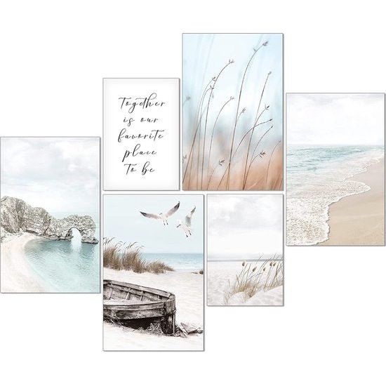 artpin® Moderne posterset - foto's woonkamer decoratie slaapkamer - pampas gras beige zee strand fotowand zonder lijst (4x A4 | 2x A5) W12