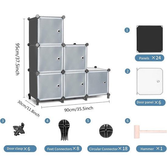 Insteekplank 6 kubussen opbergsysteem combinatieplanken met deuren plankkubus doe-het-zelf multifunctioneel reksysteem plank modulair voor woonkamer, slaapkamer, badkamer zwart